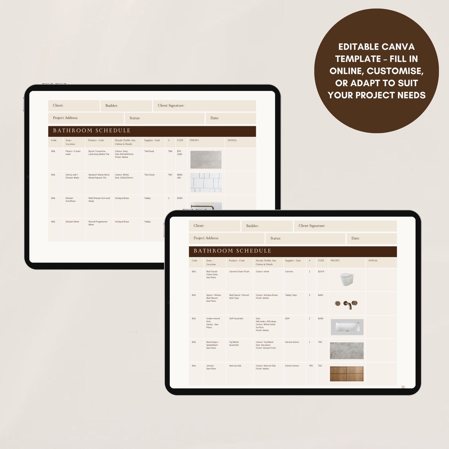 Fixture & Finishes Schedule Template - Bundle - Kitchen, Bathroom & Laundry
