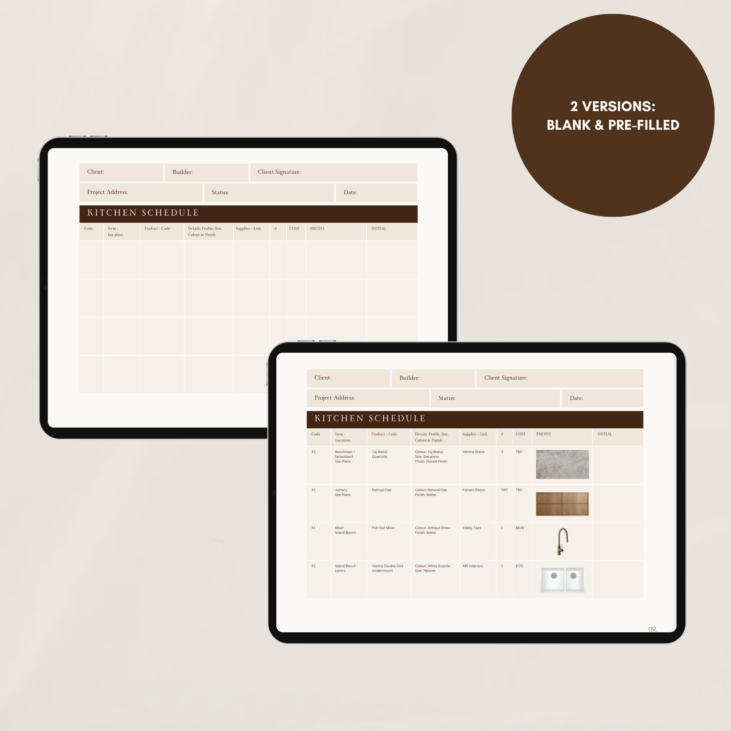 Fixture & Finishes Schedule Template - Bundle - Kitchen, Bathroom & Laundry