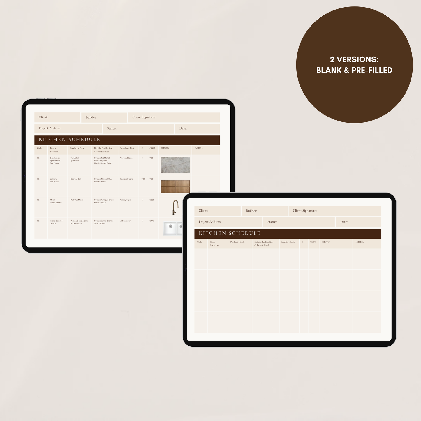 Fixture + Finishes Schedule Template - Entire Home