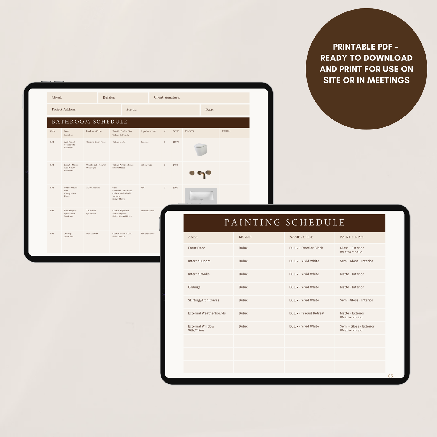 Fixture & Finishes Schedule Template - Bundle - Kitchen, Bathroom & Laundry
