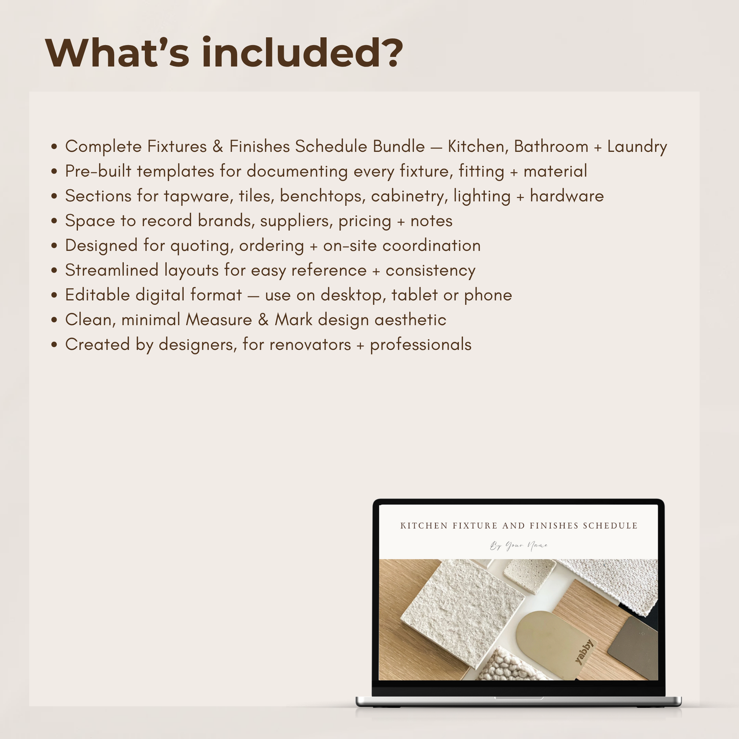 Fixture & Finishes Schedule Template - Bundle - Kitchen, Bathroom & Laundry